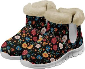 Женские зимние ботинки с меховой подкладкой, утепленные ботильоны с цветочным принтом, нескользящие, удобные, теплые, на плоской подошве Qoiuvncy, 03Floral Print