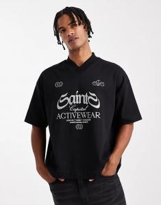 Футболка свободного кроя ASOS DESIGN премиум-класса из интерлока с V-образным вырезом и спортивной графикой черного цвета