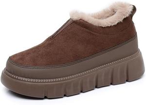 Зимние женские ботинки с легким надеванием, теплые снежные ботиночки, короткие замшевые ботинки на щиколотку с флисовой подкладкой, уютные водонепроницаемые нескользящие обувь для прогулок в холодную погоду и повседневной носки Qacksv, Brown