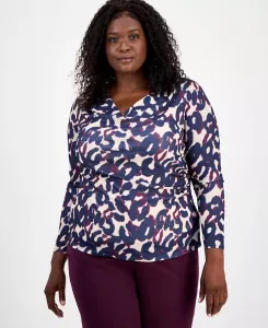 Топ больших размеров с абстрактным принтом и длинными рукавами Tahari ASL, фиолетовый