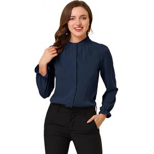 Женская блузка с длинными рукавами и воротником-стойкой с рюшами и пуговицами, топ ALLEGRA K, цвет Navy Blue