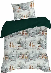 EUROFIRANY | Рождественское постельное белье - Комплект постельного белья - 140 x 200 см - Белый/зеленый - Зимний пейзаж - Постельное белье - Зима - Рождество Eurofirany