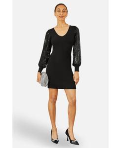 Женское вязаное облегающее платье с рукавами, украшенными пайетками Yumi, Black