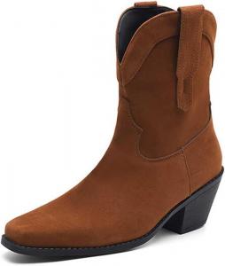 Женские ковбойские сапоги Artykey в западном стиле с массивным каблуком, ботильоны до щиколотки с круглым носком, повседневные модные челси, уличные ботинки, Brown