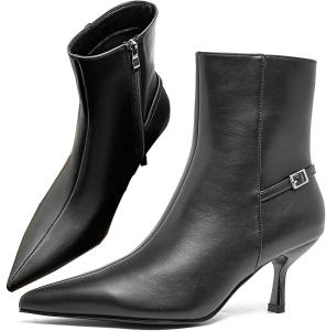 Женские ботильоны из натуральной кожи с острым носком и каблуком-ретро, на молнии сбоку, стильной декоративной пряжкой, для вечеринок, короткие ботинки TZNBGGE, Black
