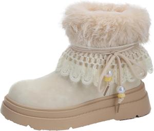 Женские зимние ботинки Y2K с пушистым искусственным мехом, шнуровкой, короткие ботильоны, милые, нескользящие повседневные зимние shoes Picusiqa, Beige