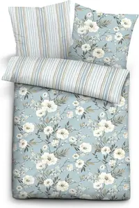 Постельное белье из хлопкового джерси , односпальный комплект, цветочный и полосатый рисунок, размер 135х200 см, цвет синий. Biberna