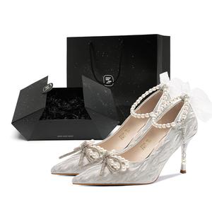 ZHR Туфли-лодочки Meteor Shower Series на тонком каблуке 7,5 см с бантом из страз серебристого цвета, цвет Rhinestone Bowknot Silver-[7.5cm Starry Sky Box]Y729