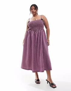 Эксклюзивное платье миди Renee Studio Plus с присборенными бретельками и бантом в фиолетово-красную клетку