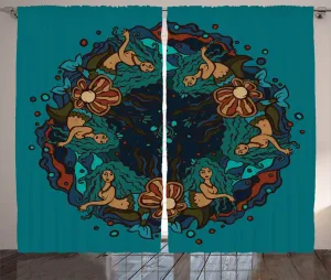 Штора ABAKUHAUS Русалка в деревенском стиле, винтажная морская тема, присборенная штора для спальни с петлями и крючками, 280 x 225 см, красно-кремовый