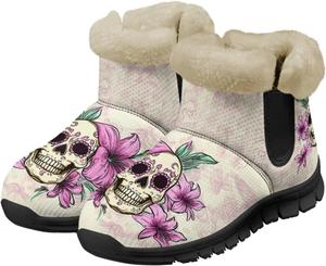 Сапожки с черепом для женщин и мужчин, водонепроницаемые, теплые, пушистые, ботильоны на зиму, для улицы, против скольжения, размеры США 6-12 Pointodoor, Skull Lilies