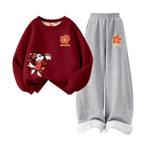 Детская повседневная спортивная одежда с круглым вырезом, умеренной высоты Disney, [thickened and fleece-lined]difun k бордовый+difu k heather серый