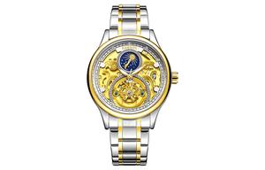 KANGOL Часы Prestige Collection Mechanical Movement Metal Strap Watch Men's Watch Cut-Out Dial -K116, The sun and moon phase is golden and white