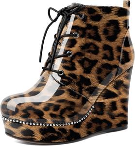 Женские ботильоны Eldof Wedge с круглым носком, шнуровкой и бисером, высокие на каблуке 4 дюйма, из лакированной кожи, Leopard
