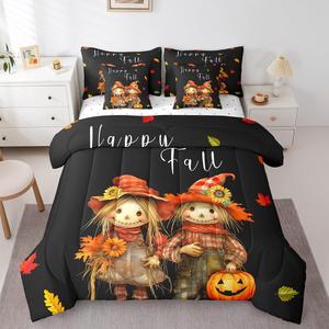 Erosebridal Комплект постельного белья 7Pcs Happy Fall Pumpkin с рисунком тыкв и подсолнухов, декоративными подушками в виде пугала, Black Orange