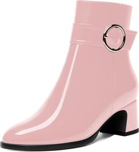 Женские ботинки MOVINSTEPS с молнией, круглый носок, холодная погода, лакированные, уличные, с ремешком на щиколотке, однотонные, массивный низкий каблук, высокие на щиколотке, 5 см, Pink