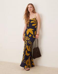 Длинное платье-комбинация на бретелях ASOS DESIGN с льняным эффектом в сине-желтом цвете с абстрактным принтом