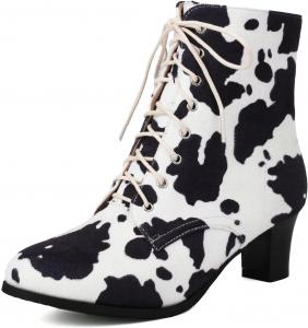 Женские винтажные викторианские ботинки 70-х годов с шнуровкой, ботильоны на среднем каблуке, ведьминские или бабушкины ботинки, костюмные туфли с миндалевидным носком, конусовидный каблук Generic, Black Cow-C