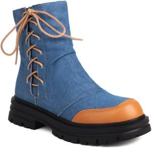 Женские классические джинсовые ботильоны на платформе с круглым носком, массивным низким каблуком, короткие ботинки, на шнуровке с молнией, ботинки Челси, зимние мягкие сапожки, платья, мотоциклетные ботинки Generic, Blue