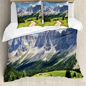 Пододеяльник ABAKUHAUS Mountain, Путь в лесные Альпы, с защитой от клещей, подходит для аллергиков, с наволочками, 200 см x 200 см - 80 x 80 см, зеленый, белый, синий Abakuhaus