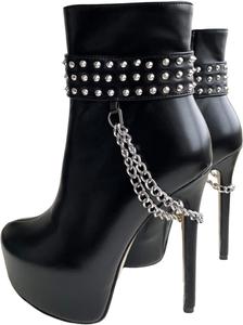 Ботильоны на высокой платформе и каблуке Frankie Hsu Stiletto, сексуальные черные с заклепками, стальной металлической цепочкой, подкладкой из искусственного меха, тонкие ботильоны, большие размеры, дизайнерская мода для женщин и мужчин