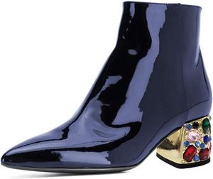Женские элегантные ботильоны YDN, высокой щиколотки, с острым закрытым носком, на молнии, с украшением из страз, низким устойчивым каблуком, для вечеринок и повседневной носки, размеры US 4-15, Navy Patent