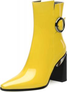 Женские ботильоны, лаковые с заостренным носком, боковой молнией и высоким каблуком, короткие ботинки, женские ботинки на массивном каблуке, удобные ботинки 3,5 дюйма Heisnemca, Yellow Patent