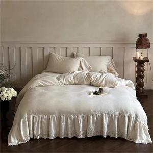 YUSIWOAL Комплект постельного белья из льна и хлопка с кружевными оборками и текстурированным пододеяльником в винтажном стиле