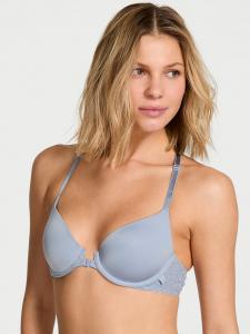 Соблазнительная гладкая кружевная футболка с легкой подкладкой, застегивающаяся спереди, бюстгальтер-полуторка Victoria'S Secret, front close blue grey