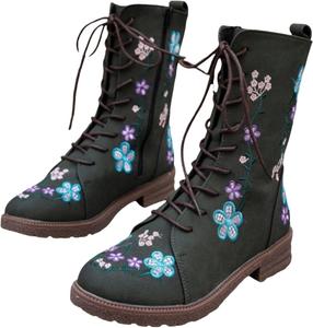 Женские боевые ботинки с цветочной вышивкой на шнуровке, кожаные, массивный каблук-блок, средний каблук, ботильоны с круглым носком, до середины икры, для езды Generic, Blue