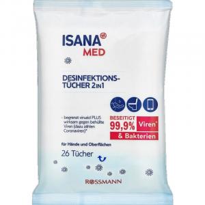 Дезинфицирующие салфетки 2 в 1 ISANA, 26 шт.