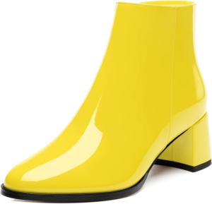 Женские ботильоны JUSTDANNI с круглым носком, массивным каблуком и высоким каблуком, удобная боковая молния, лакированные ботильоны для вечеринки, работы, повседневной носки и свадьбы, Yellow