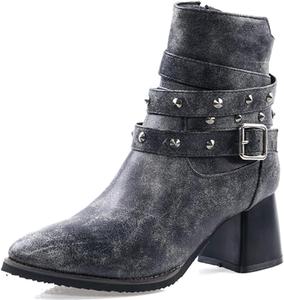 Женские модные ботильоны с массивным каблуком, боковой молнией, удобные, лаконичные, с заклепками и пряжкой, с заостренным носком и высокими каблуками, короткие ботинки LYYSKY, Grey