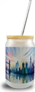 Стакан для питья с акварельным рисунком лондонского горизонта и бамбуковой крышкой speecheese