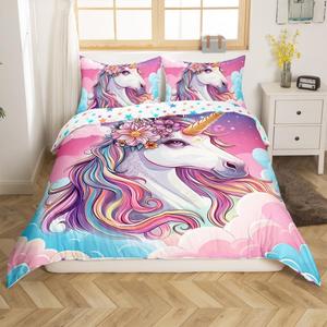 Erosebridal Комплект постельного белья для девочек Rainbow Unicorn с розовым принтом единорогов и радуги, Blue Purple