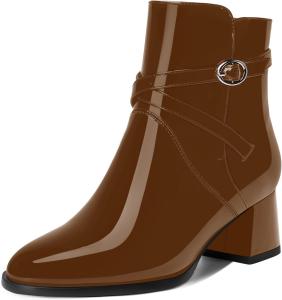 Женские ботинки AMBELIGHT с пряжкой, для путешествий, с круглым носком, наружной лакированной кожей, ремешком на щиколотке, на устойчивом низком каблуке 2 дюйма, Brown