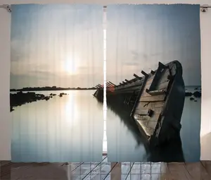 Штора ABAKUHAUS в морском стиле, Закат с тонущей лодкой, присборенная тесьма для спальни с петлями и крючками, 280 x 175 см, светло-голубой коричневый цвет Abakuhaus