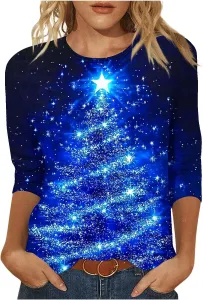 Женская футболка с рождественской елкой, 3/4 рукава, свободный крой