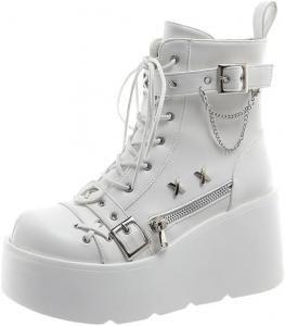 Женские готические ботильоны на платформе, массивные готические туфли с круглым носком, боковой молнией, ботильоны на танкетке, рейв-бутсы для женщин, готические ботинки Generic, White