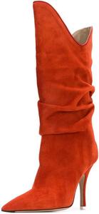 Женские сапоги FSJ, свободного кроя, средней длины до икры, с заостренным носком, тонким шпилькой, высокие сапоги до колена, с V-образным вырезом и заостренным носком, зимние платьевые ботильоны, размеры США 4-15, Tangerine