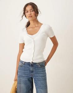 Двухслойный кардиган тонкой вязки Mango с короткими рукавами белого цвета