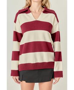 Женский полосатый свитер с воротником для регби English Factory, Burgundy/cream