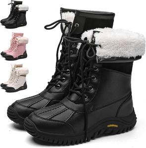 Водонепроницаемые зимние женские ботинки с платформой, утепленные плюшевой подкладкой, высокие ботильоны, удобные для походов и прогулок, с мехом и шнуровкой Generic, Black