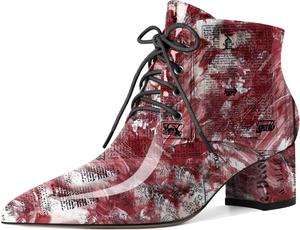 Женские ботильоны Eldof с низким массивным каблуком, зауженным носком и шнуровкой, удобные для ходьбы, Patent Newspaper Red