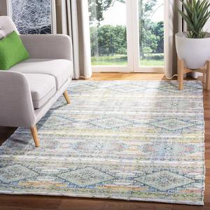 Ковер SAFAVIEH, 183 x 275 см, Saffron Collection, Cream & Blue, ручная работа, бохо-шик, состаренный хлопок, идеален для помещений с высокой проходимостью в гостиной, спальне (SFN567A)