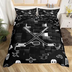 Erosebridal Комплект постельного белья Hockey Boys с принтом хоккейных клюшек и шайб в черно-серых неоновых геометрических сетках, Black Grey