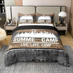 Erosebridal Комплект постельного белья Happy Camping из 100% хлопка с принтом лесной природы в полоску сосны черно-серого цвета, Black Grey