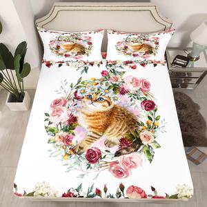 Erosebridal Комплект постельного белья Kawaii Cat Full Size с милыми котятами и цветочным принтом, Multi 06