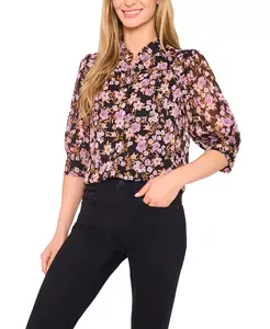 Женский топ с открытым воротником, присборенными рукавами, скрытой планкой CeCe, черный