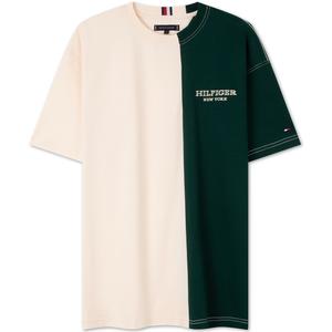 Футболка мужская с розовой и зеленой строчкой Tommy Hilfiger, бежево-бело-зеленая панель A EF